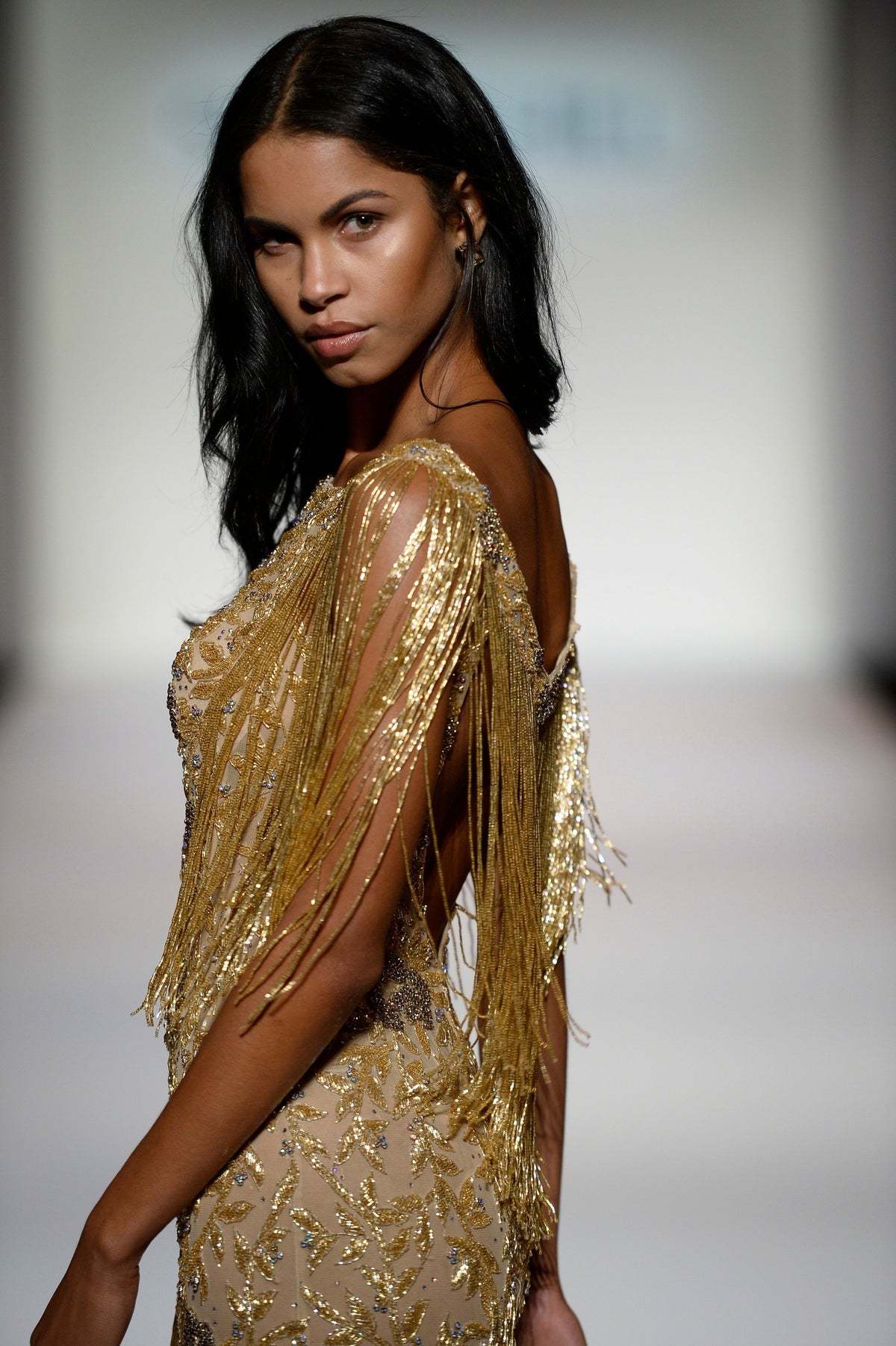 Sherri Hill 44871 beaded fringe fitted gown in gold