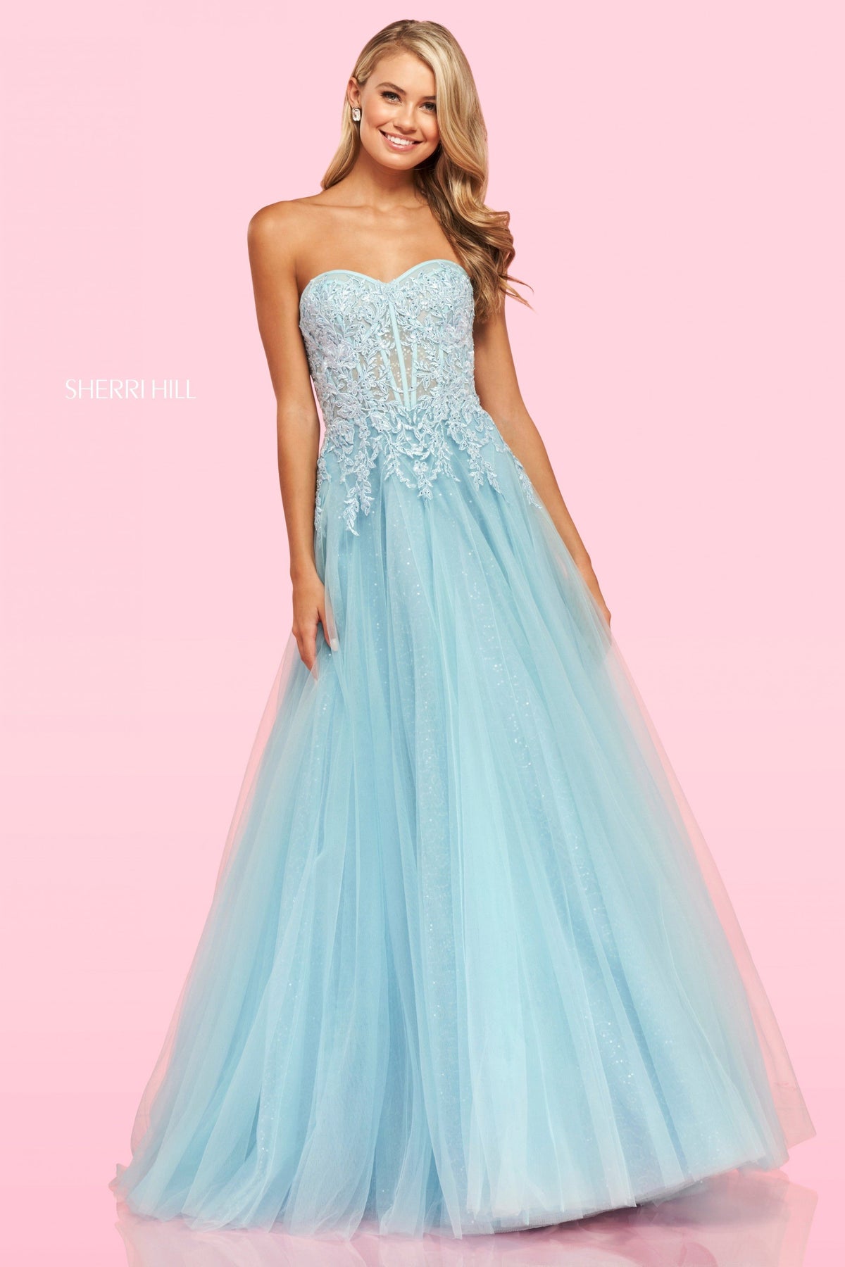 Sherri Hill 54155 tulle ball gown dress in light blue