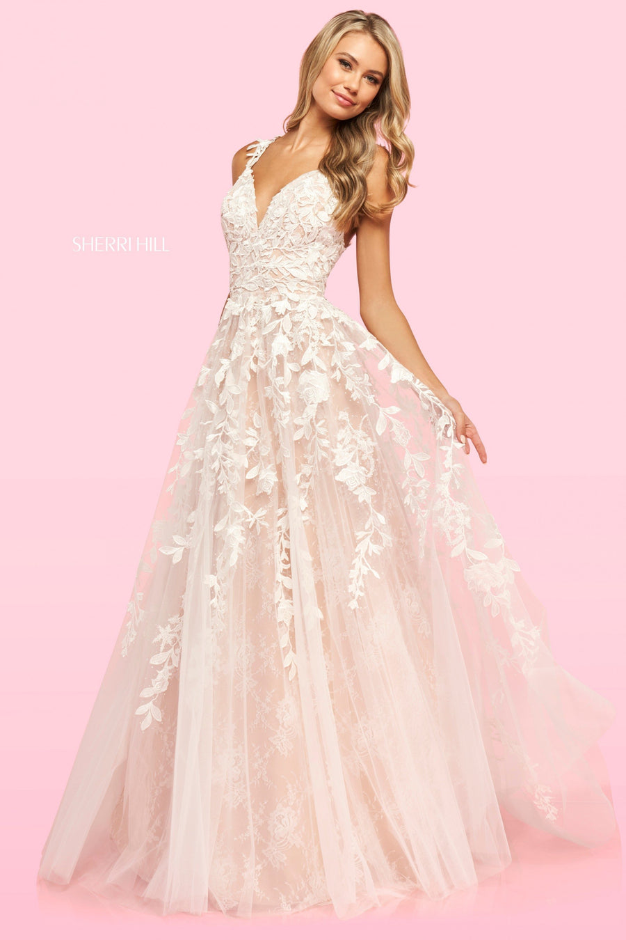 Sherri Hill style 54159 in lilac, Leaf Lace Appliquã© A-Line Gown