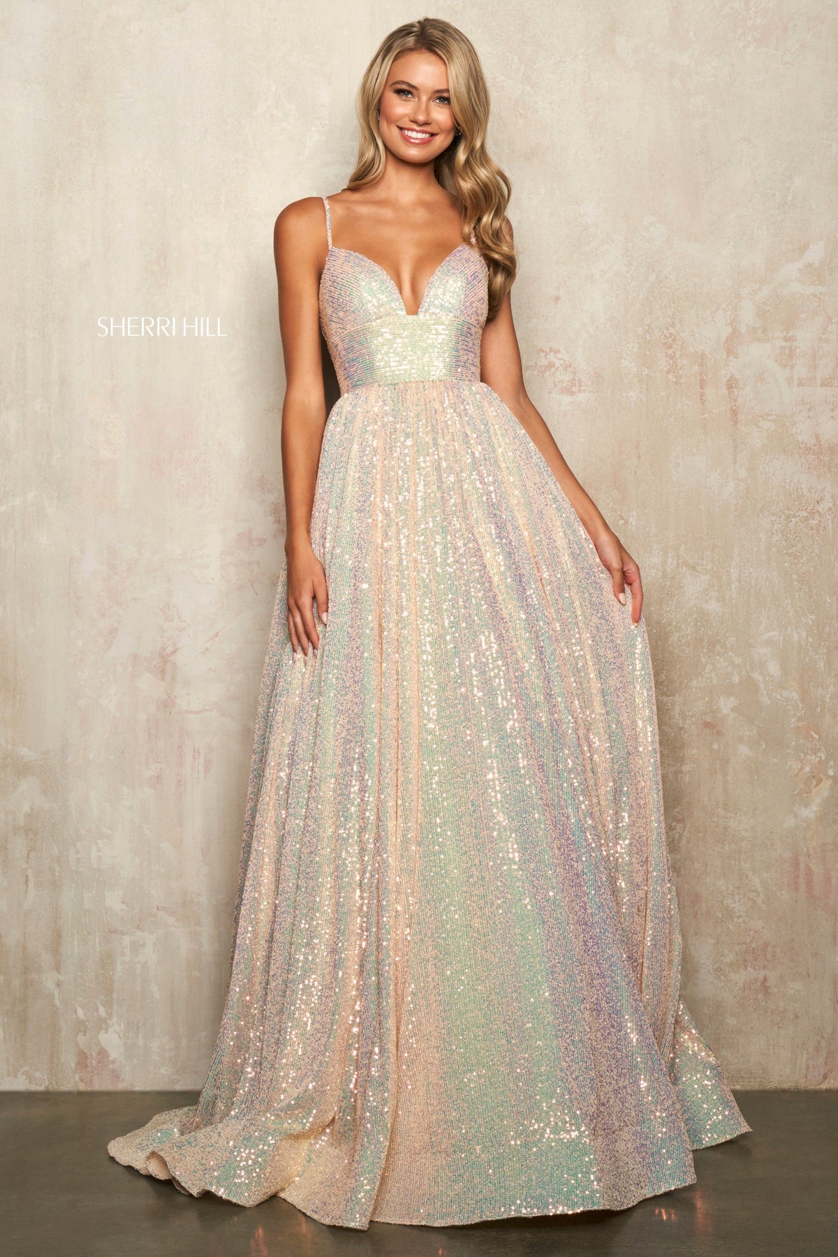 Sherri Hill 54261 soft sequin ball gown in champagne