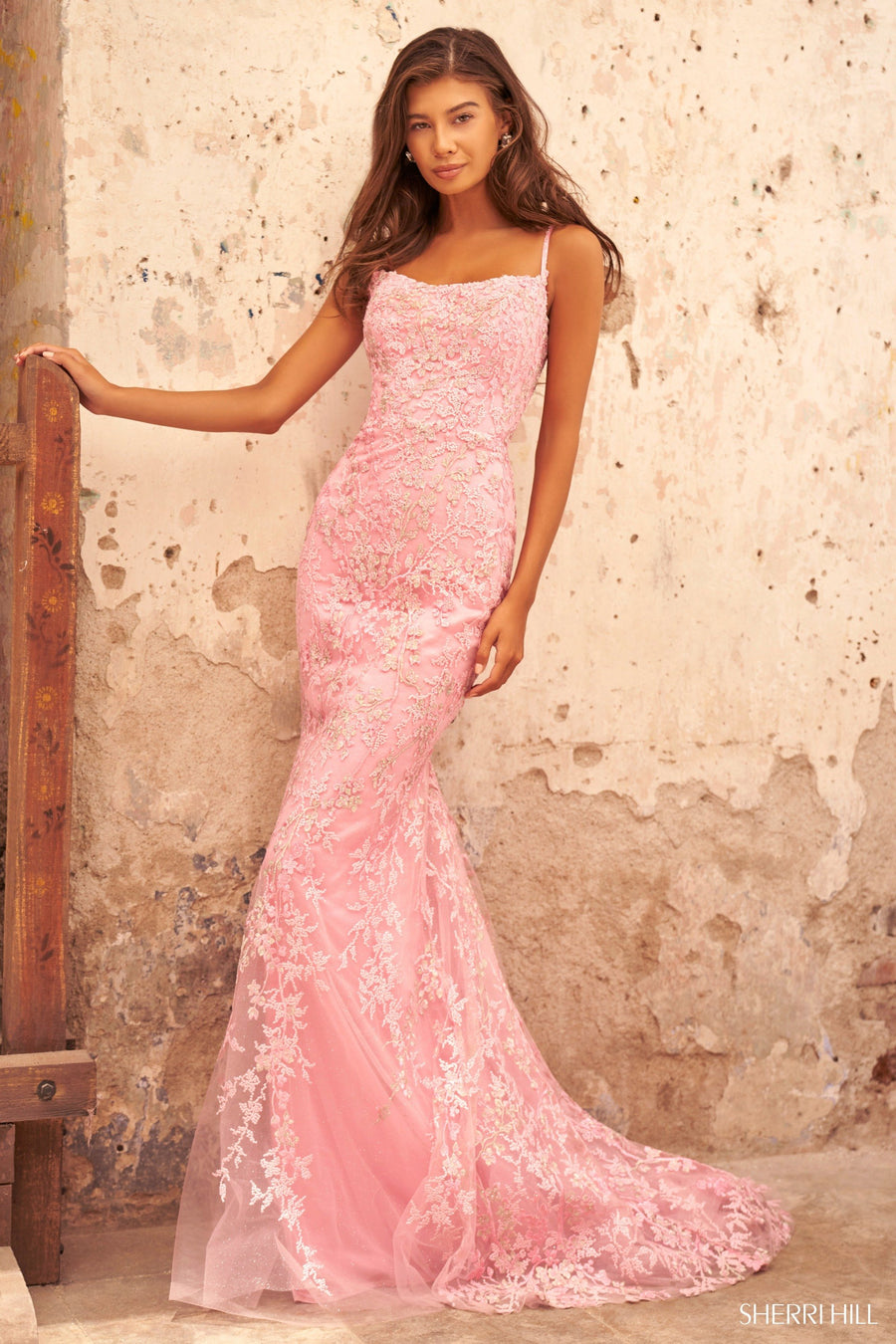 Sherri Hill style 54202 in periwinkle, Fitted Lace Gown