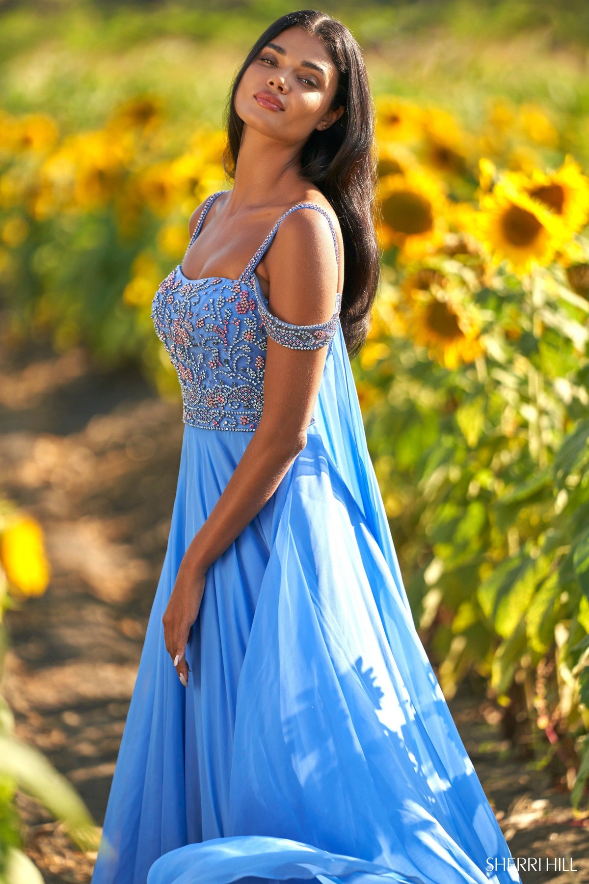 Sherri Hill 54390 chiffon gown in periwinkle with multi