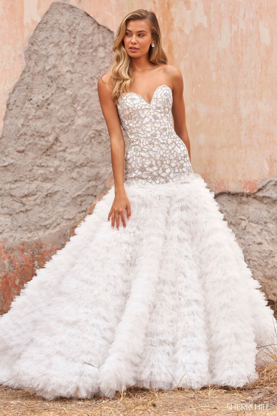 Sherri Hill style 54775 in ivory/silver, Swarovski Beaded Mermaid Gown