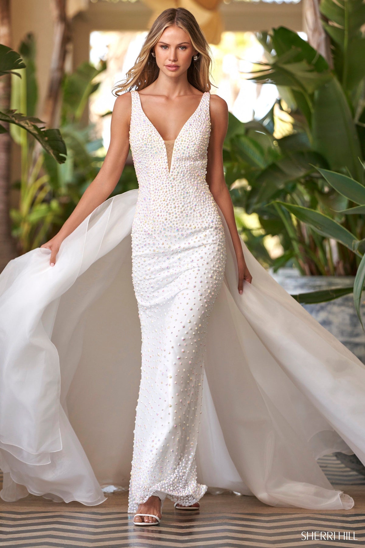 Sherri Hill 54871 iridescent beaded gown in ivory