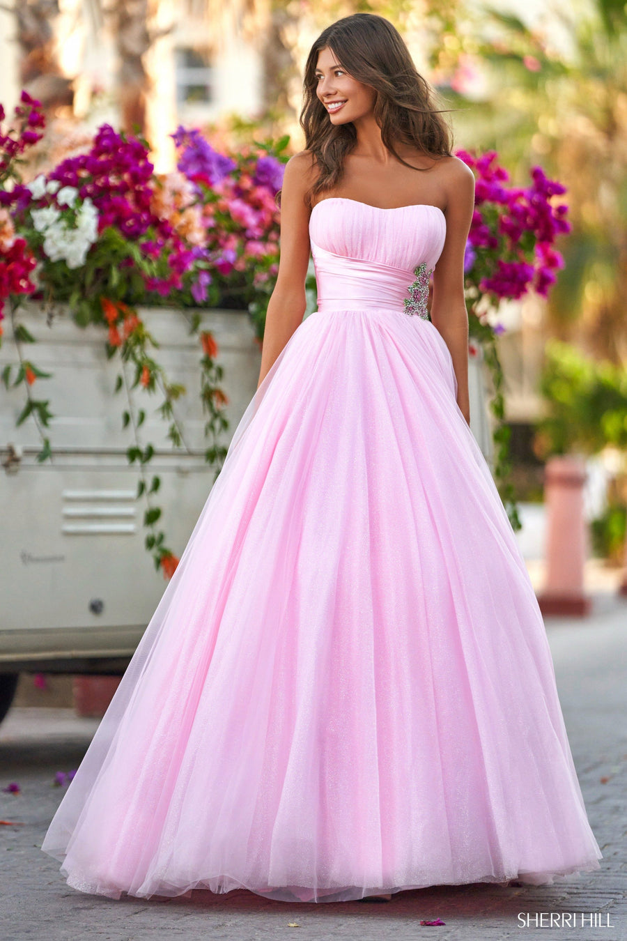 Sherri Hill style 55004 in pink, Strapless Sparkle Tulle Ballgown