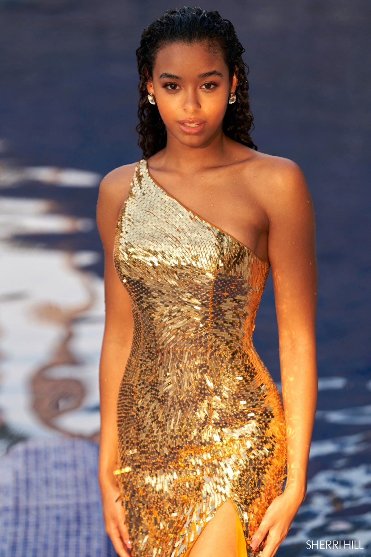 Sherri Hill 54987 one shoulder sequin gown in gold