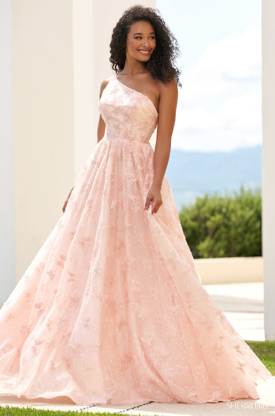 Sherri Hill style 55049 in blush, One Shoulder Ball Gown