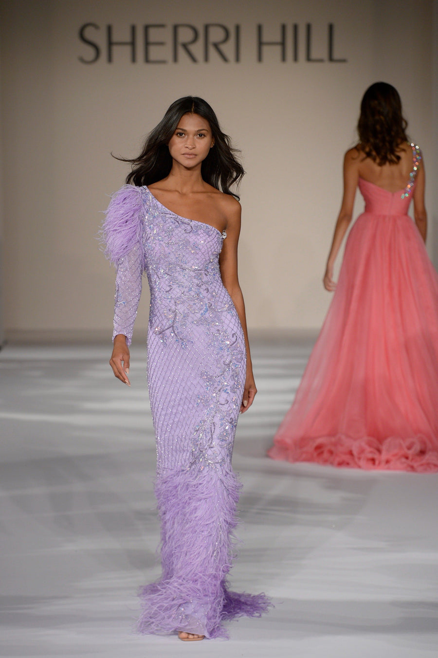 Sherri Hill style 54982 in periwinkle, One Shoulder Long Sleeve Beaded Gown