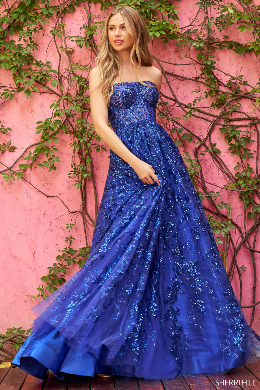 Sherri Hill style 54340 in royal, Glitter Laced Embellished Ballgown