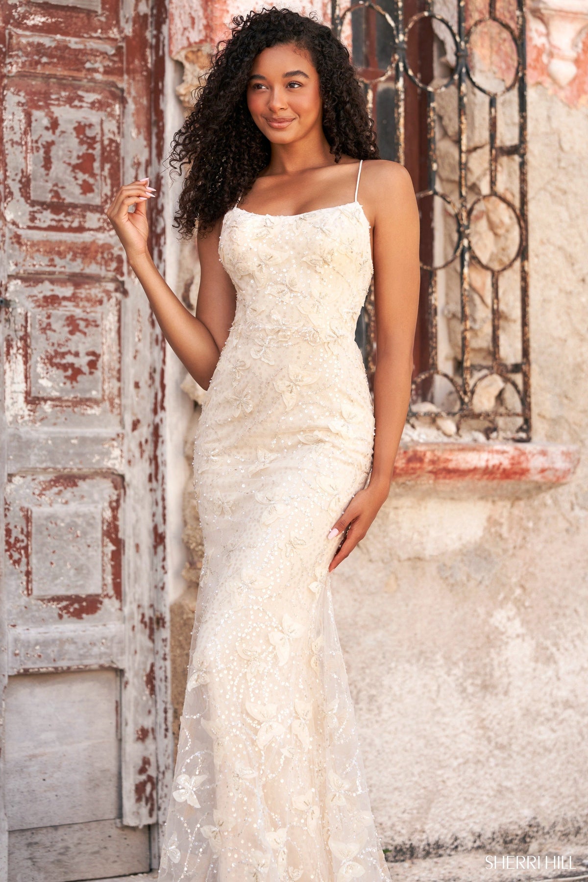 Sherri Hill 54956 long fitted gown in light yellow
