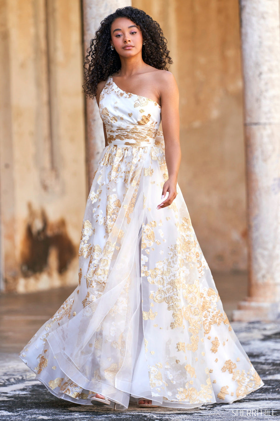 Sherri Hill style 54974 in ivory/gold, One Shoulder A-Line Ballgown