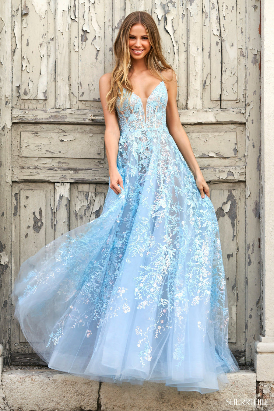 Sherri Hill style 55009 in light blue, Leaf Lace Embellished A-Line Gown