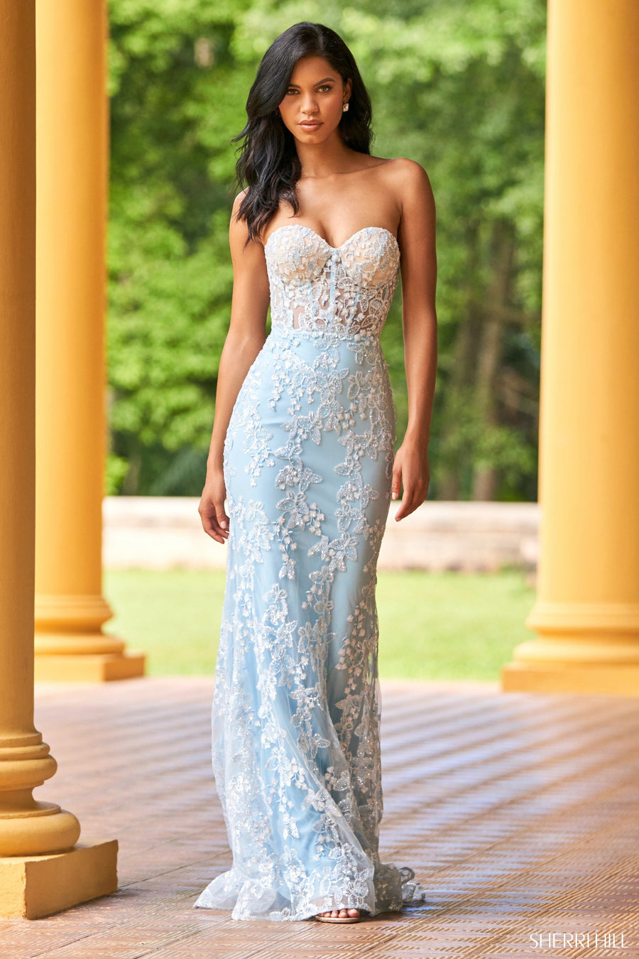 Sherri Hill style 55015 in pink, Fitted Leaf Lace Embroidered Gown