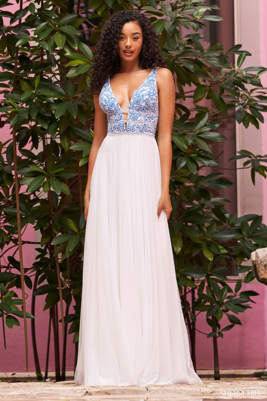 Sherri Hill style 55070 in ivory/blue, Plunging Deep V-Neckline Gown