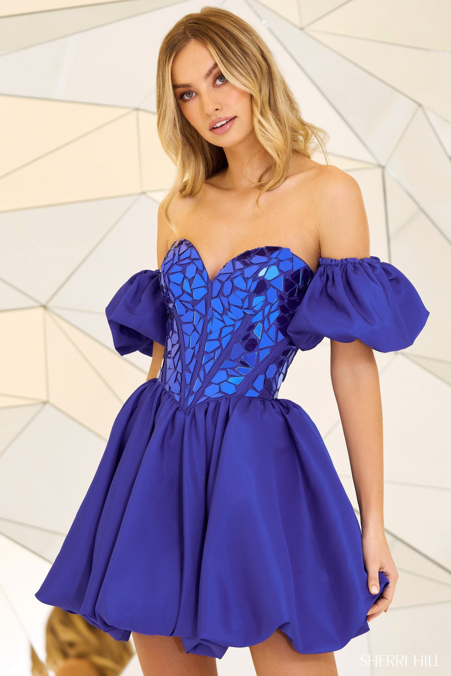 Sherri Hill style 55220 in peacock, Inspired Bodice with Pleated Taffeta Skirt