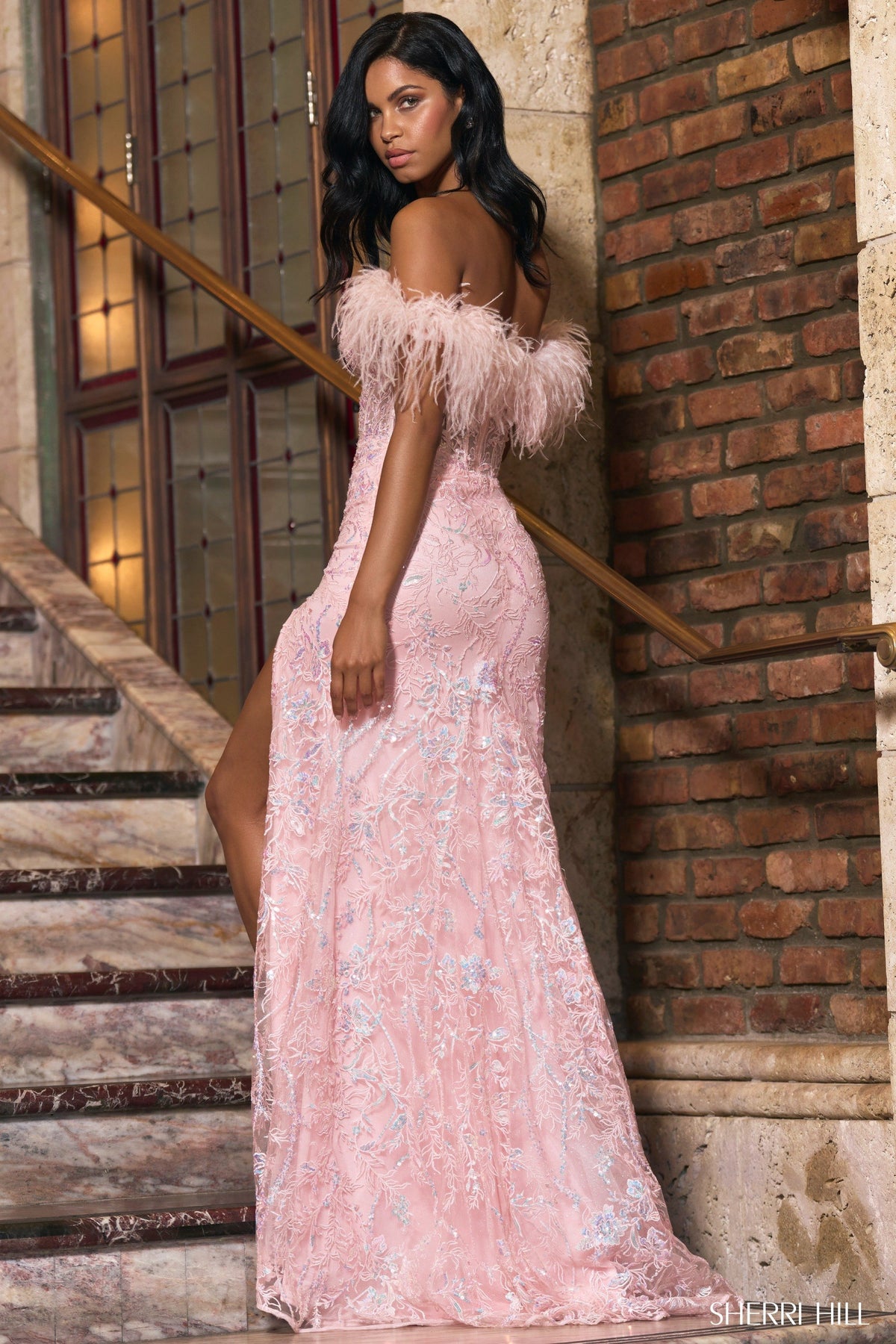 Sherri Hill 55201 sequin leaf lace embroidered gown