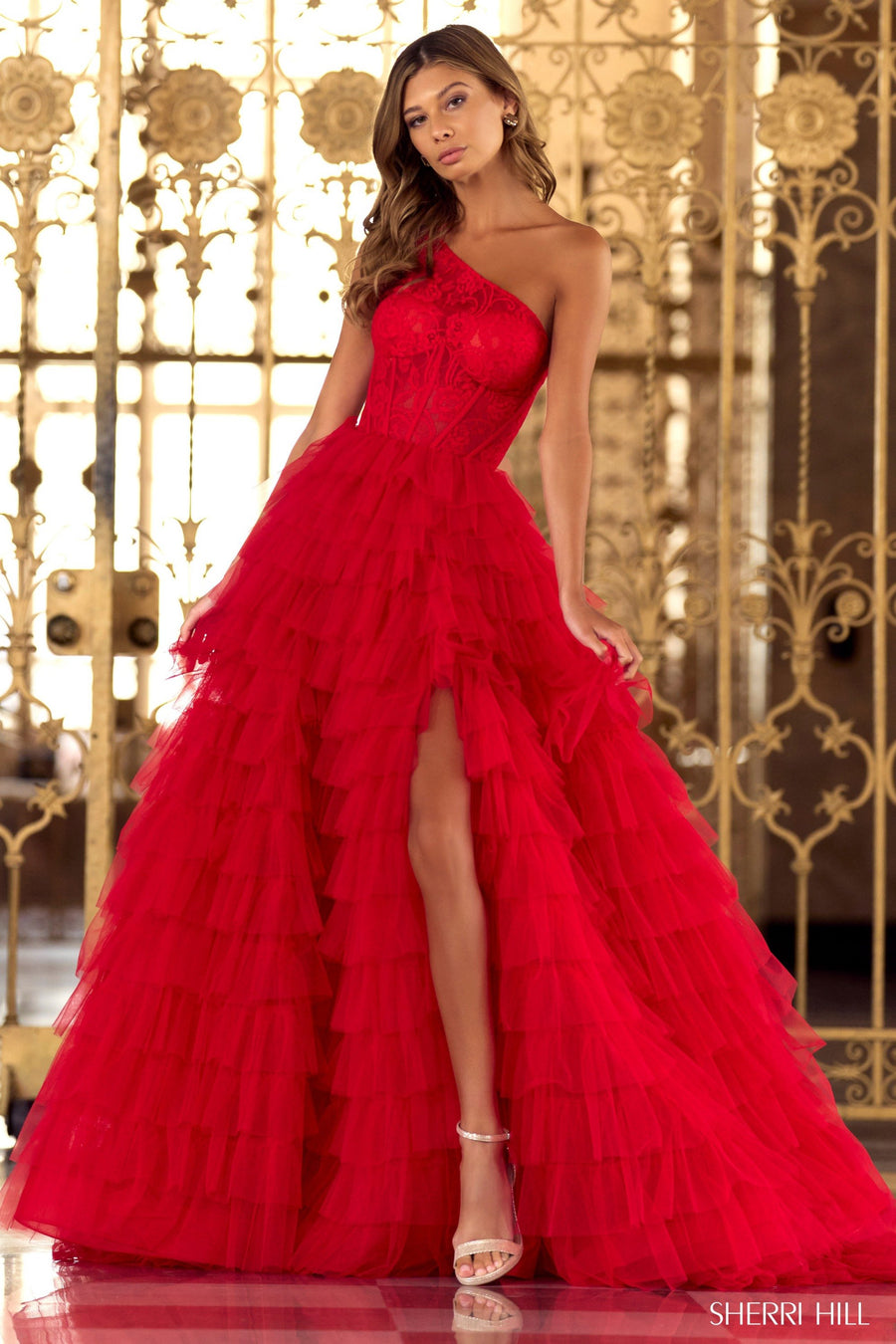 Sherri Hill style 55256 in black, One Shoulder Lace Bodice Gown