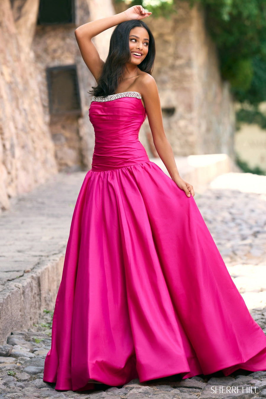 Sherri Hill style 55321 in light blue, Mikado Strapless Ballgown