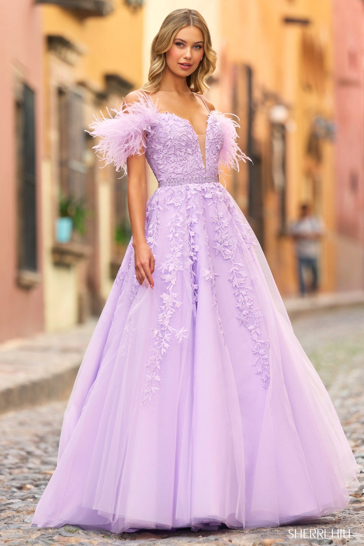 Sherri Hill 55329 lace bodice tulle ball gown with sleeves in lilac
