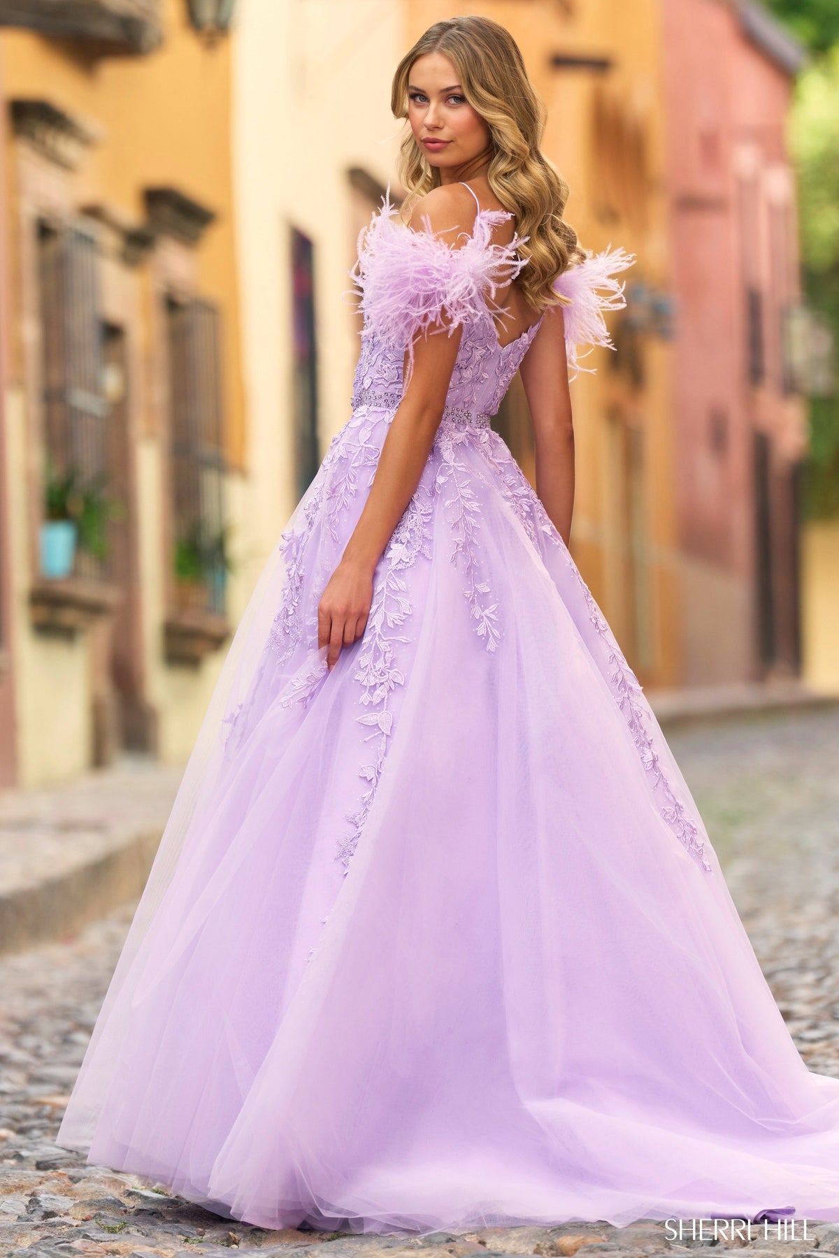 Sherri Hill 55329 lace bodice tulle ball gown with sleeves