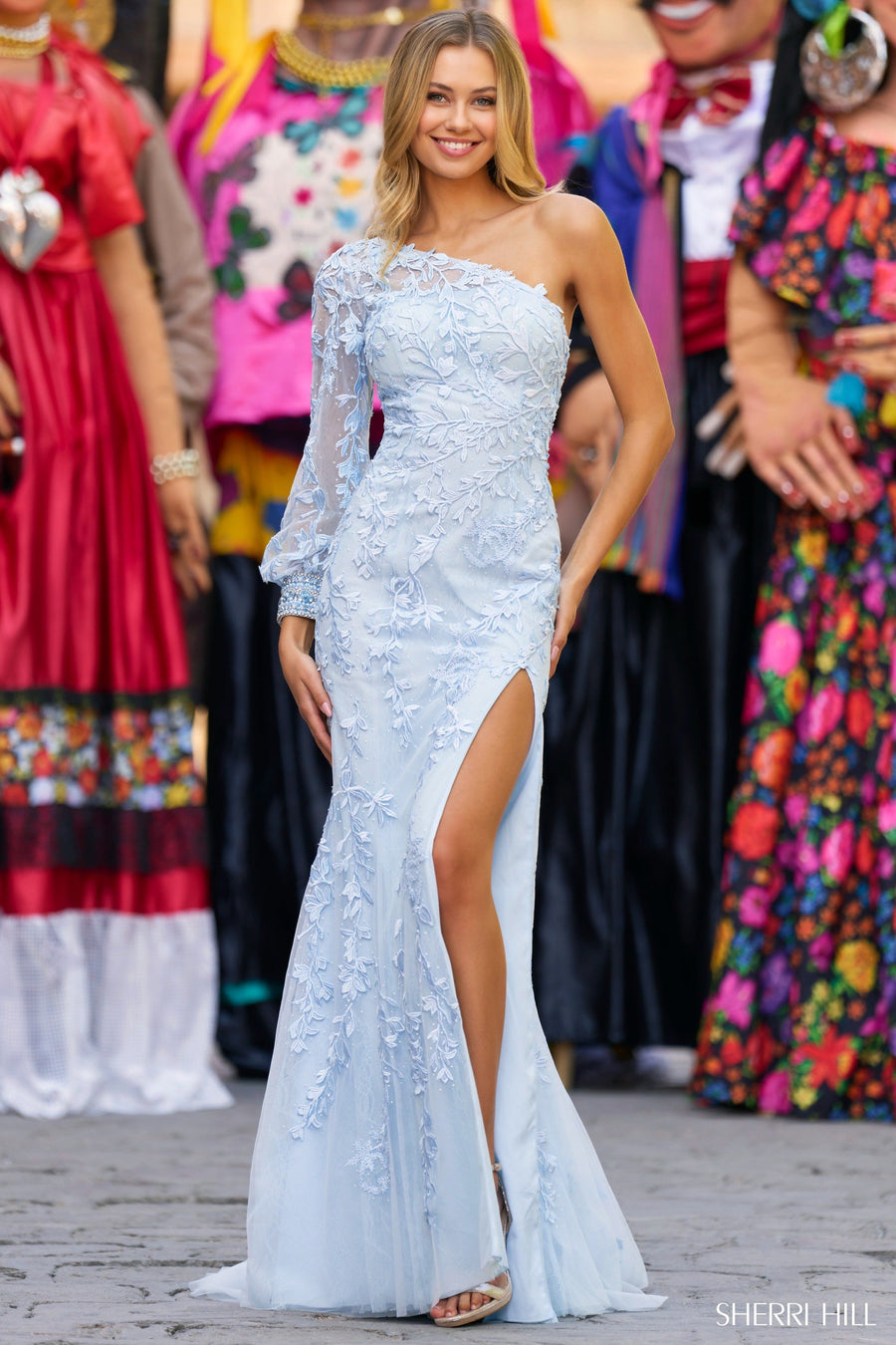 Sherri Hill style 55330 in lilac, Leaf Lace One Shoulder Gown
