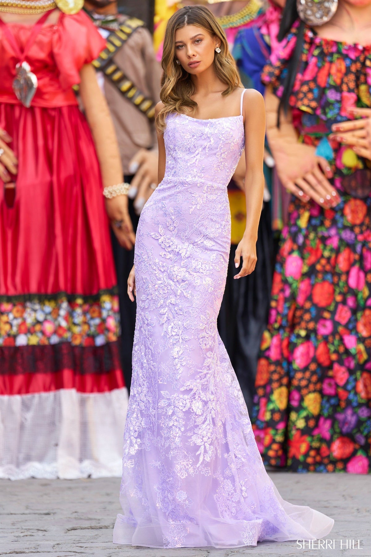 Sherri Hill 55341 sequin lace fitted gown in lilac