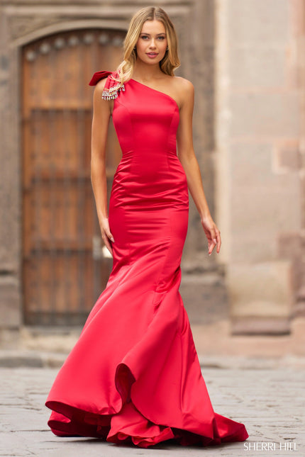 Sherri Hill 55380 one shoulder silk mermaid gown