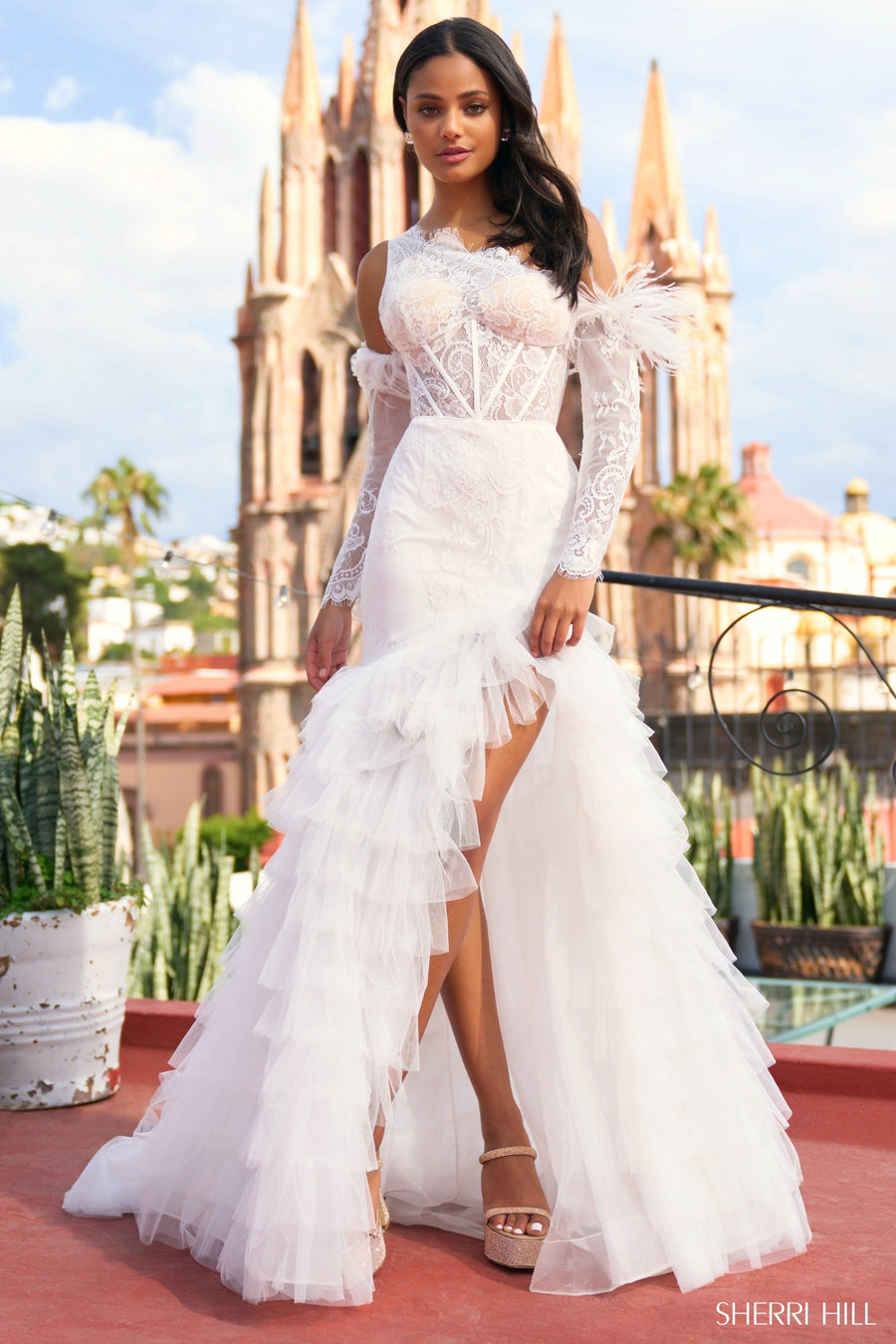 Sherri Hill style 55384 in pink, One Shoulder Laced Mermaid Gown