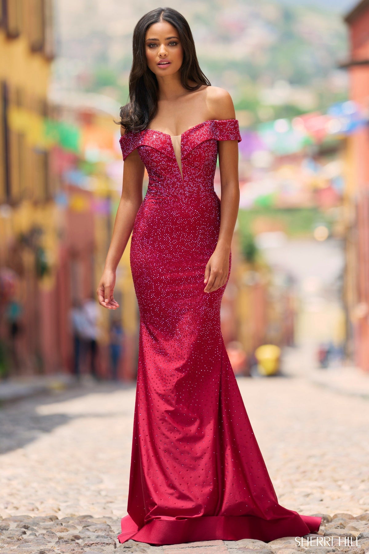 Sherri Hill 55338 fitted off the shoulder hot fix gown in wine