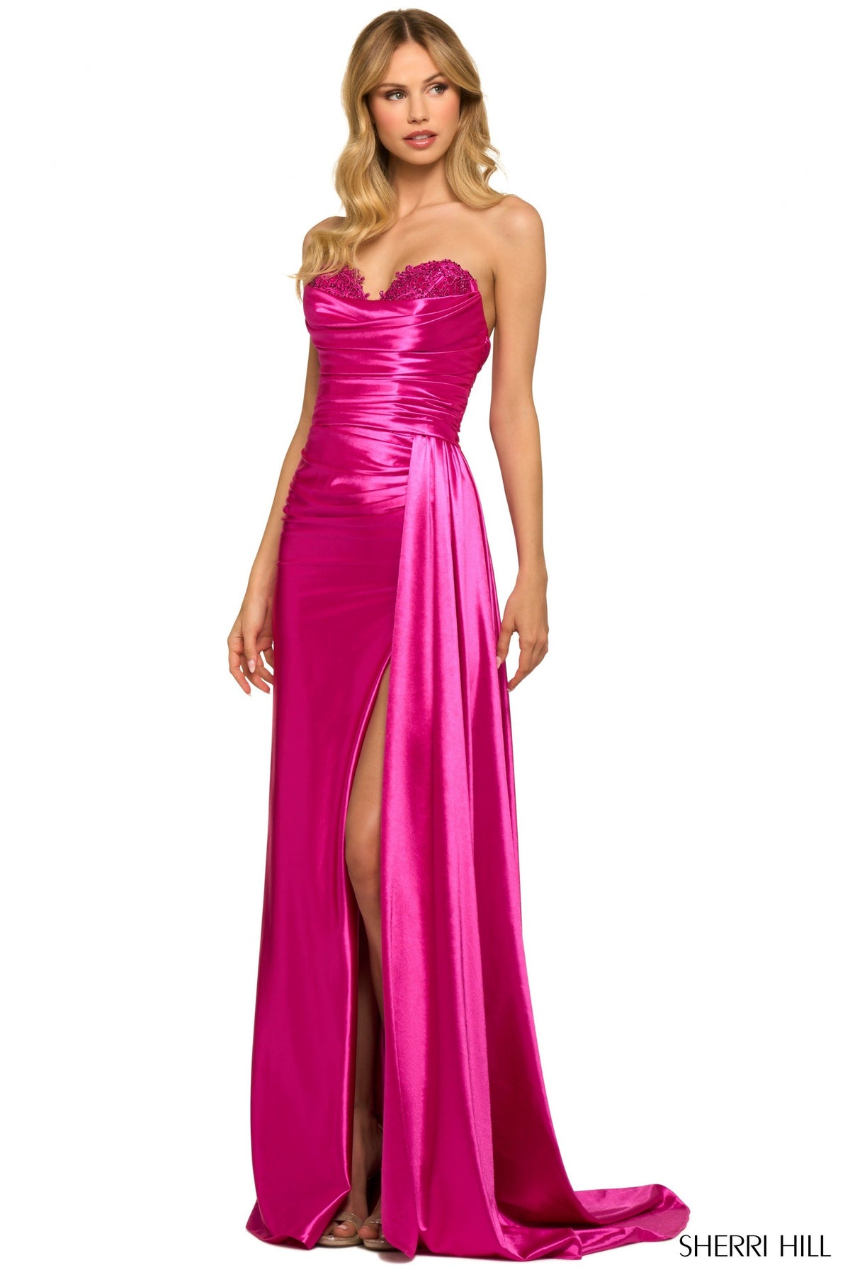 Sherri Hill 55230 strapless corset gown in fuchsia