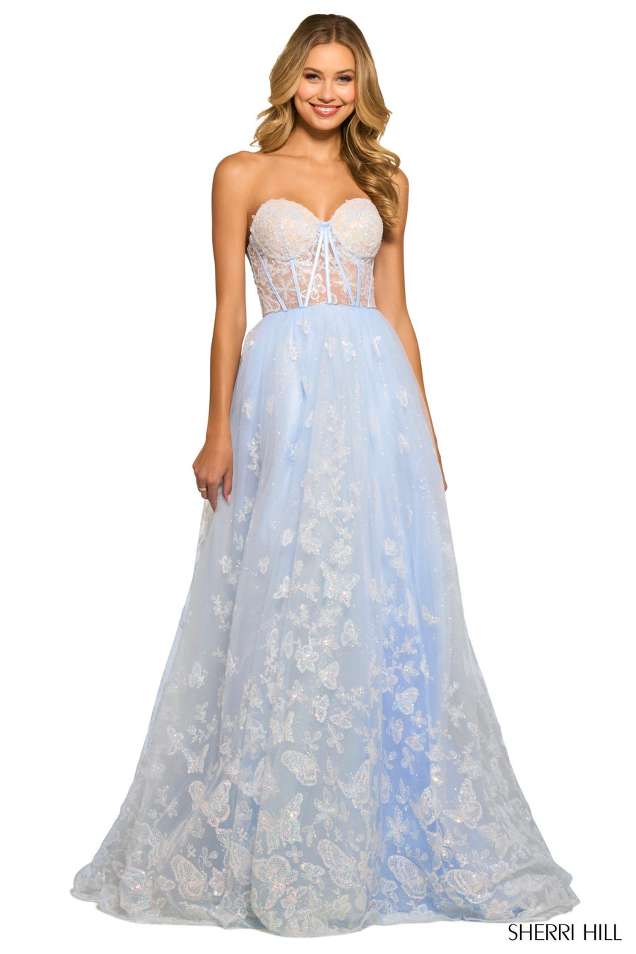 Sherri Hill style 55310 in light blue, Strapless Ballgown