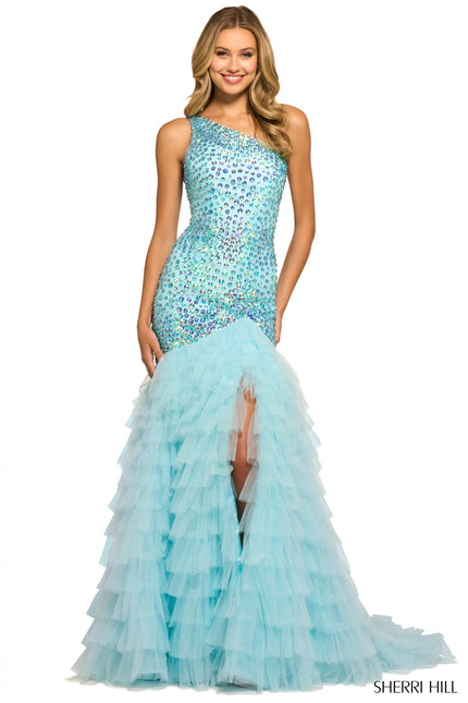 Sherri Hill 55357 one shoulder iridescent beaded gown in light blue