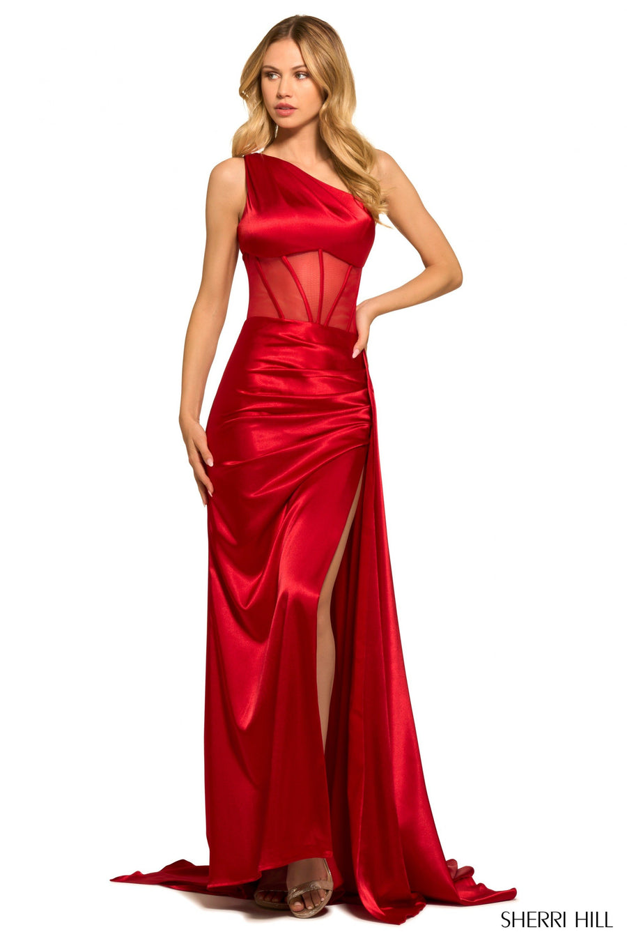 Sherri Hill style 55388 in red, One Shoulder Silky Stretched Jersey Gown