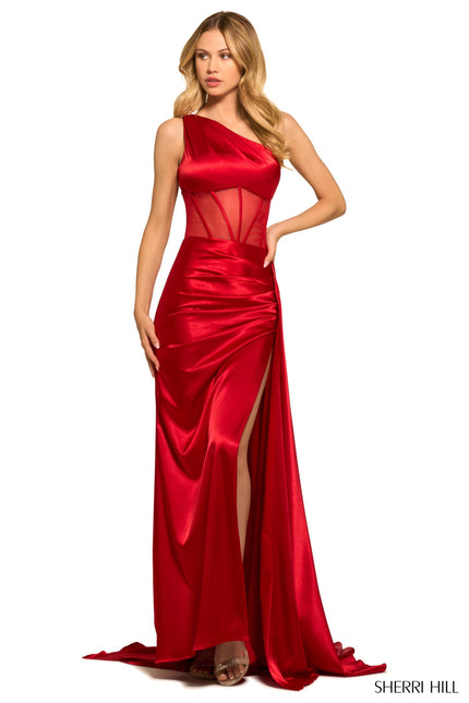 Sherri Hill 55388 one shoulder silky stretched jersey gown in red