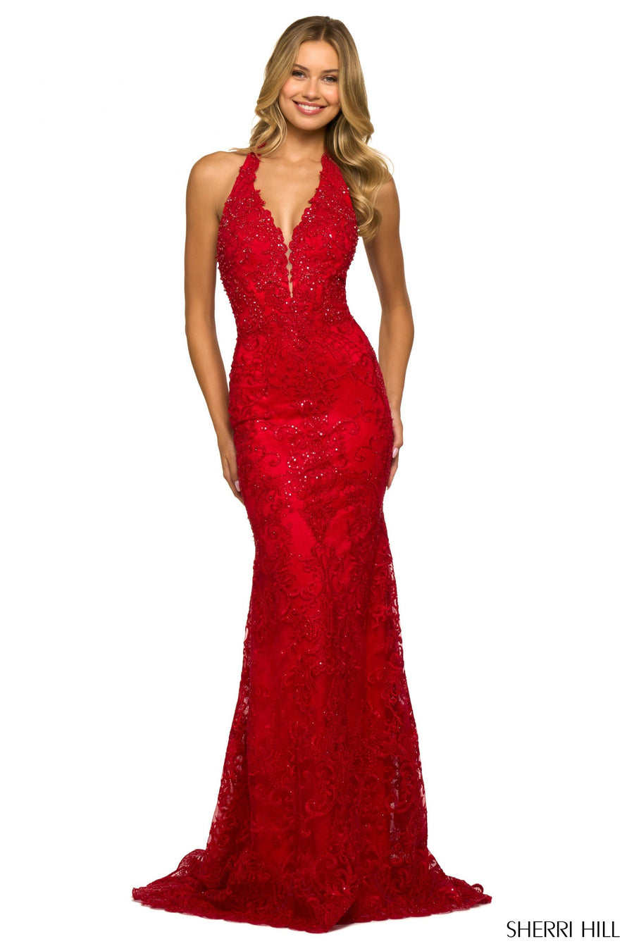 Sherri Hill style 55392 in light blue, Sequin Lace Halter Gown