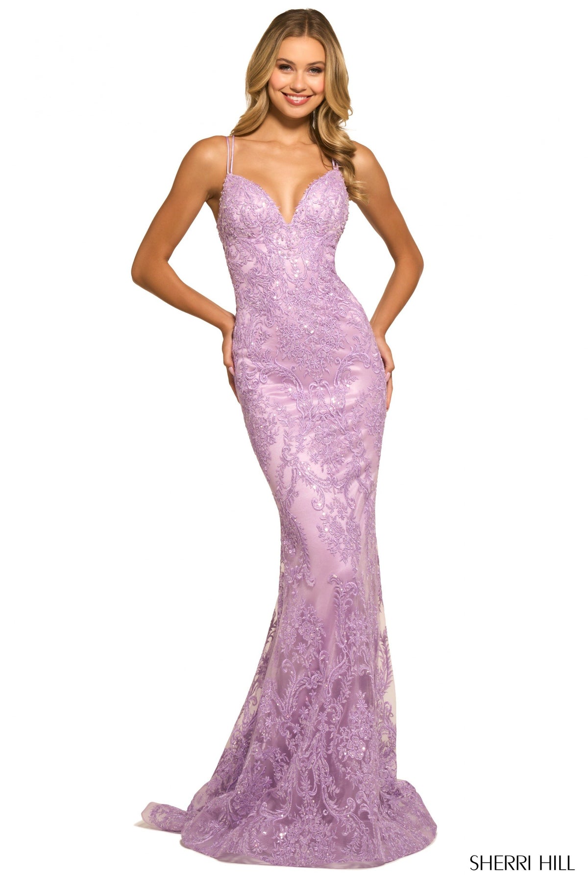 Sherri Hill 55394 sequin lace gown in lilac