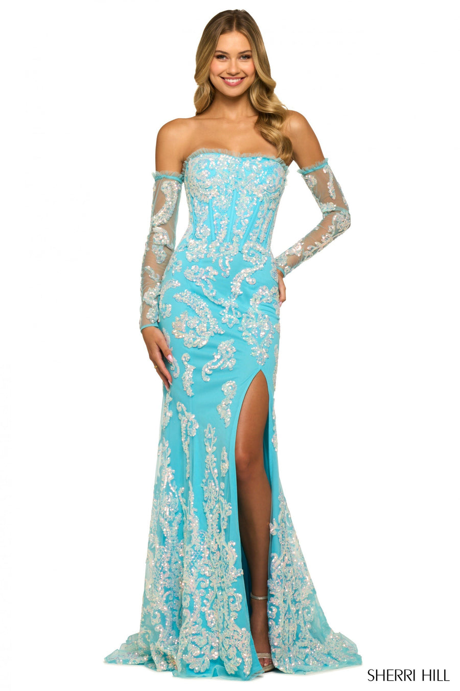Sherri Hill style 55425 in aqua, Strapless Fitted Gown