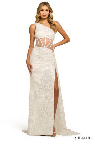 sherri hill white one shoulder dress One Sleeve Long Beaded Dress 54982