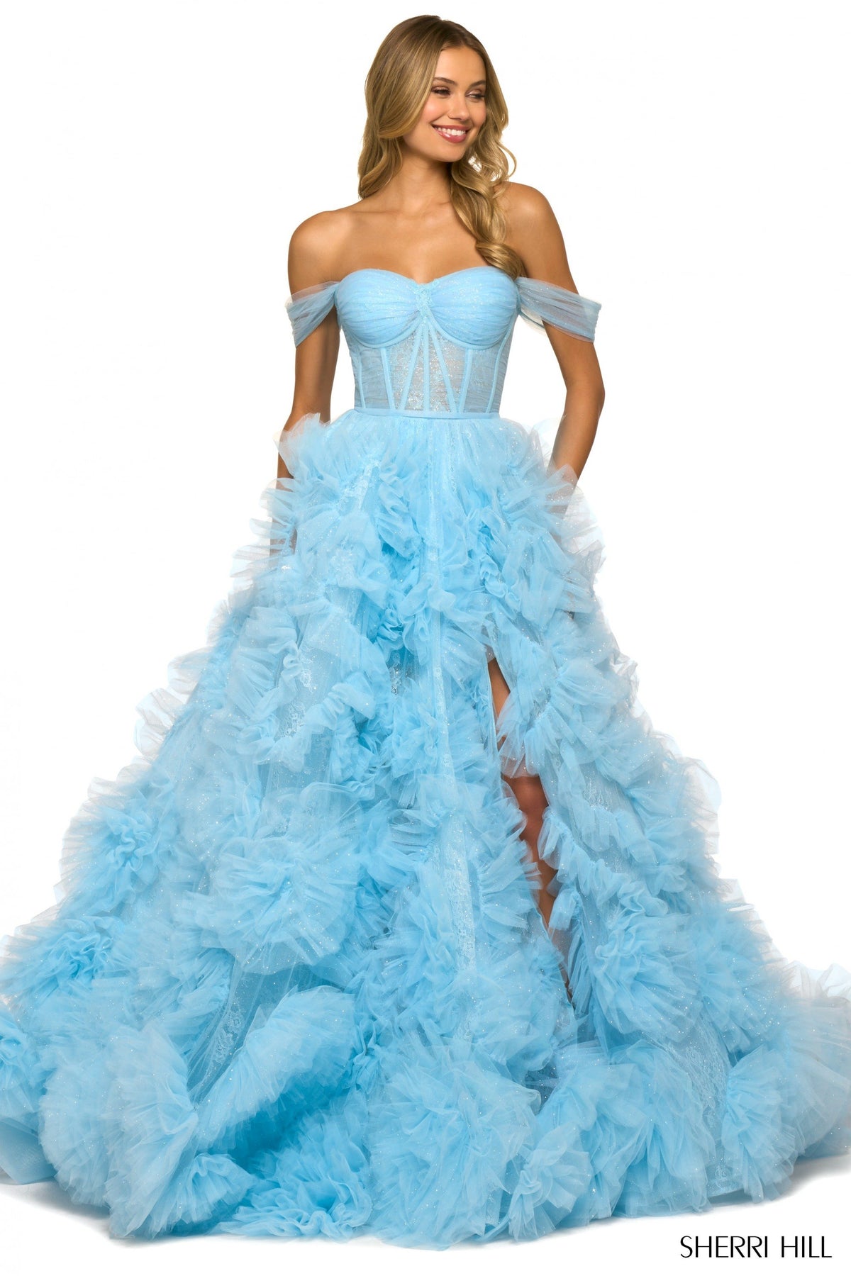 Sherri Hill 55438 shimmer tulle ballgown in light blue
