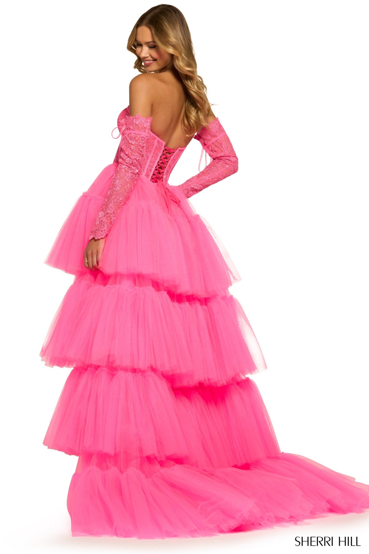 Sherri Hill 55453 strapless high-low lace corset gown