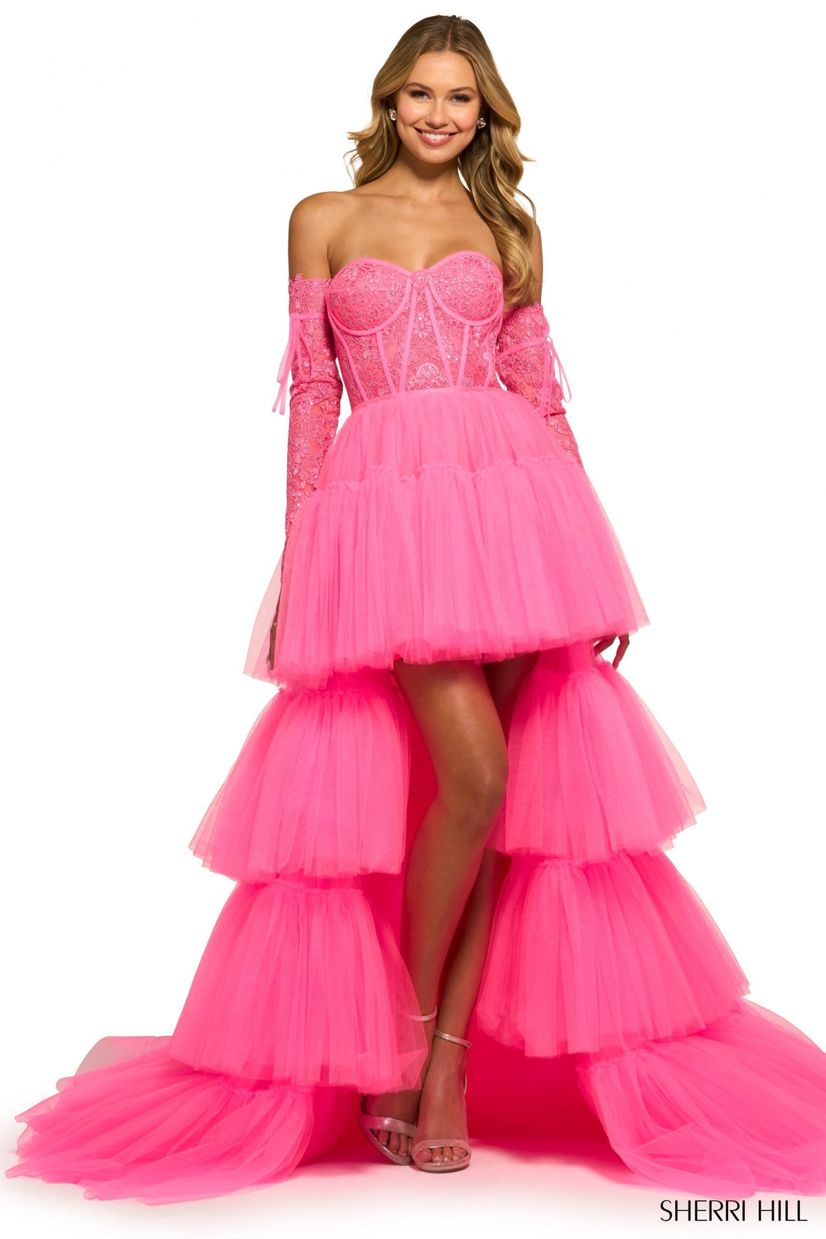 Sherri Hill 55453 strapless high-low lace corset gown in bright fuchsia