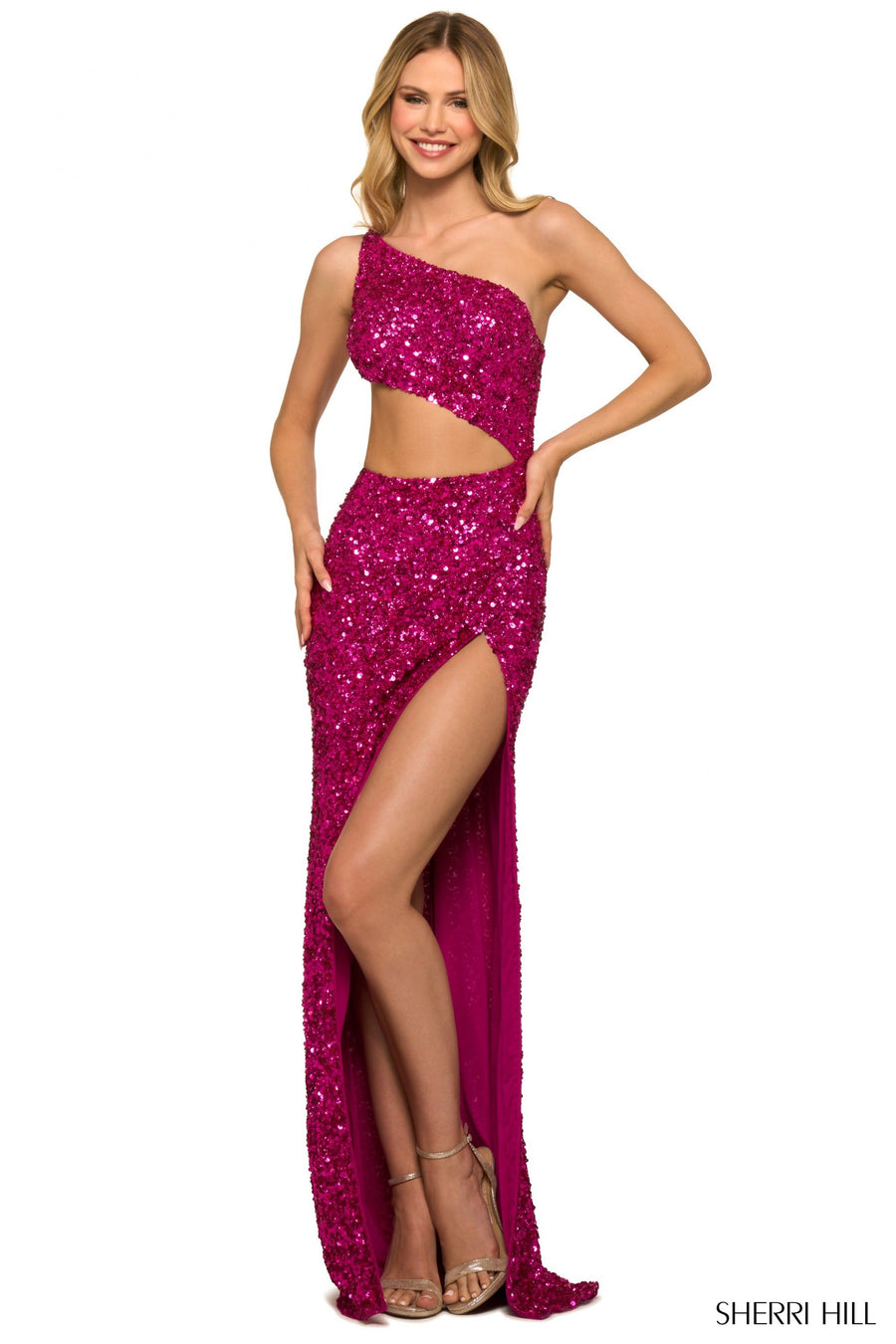 Sherri Hill style 55456 in bright fuchsia, One Shoulder Sequin Gown
