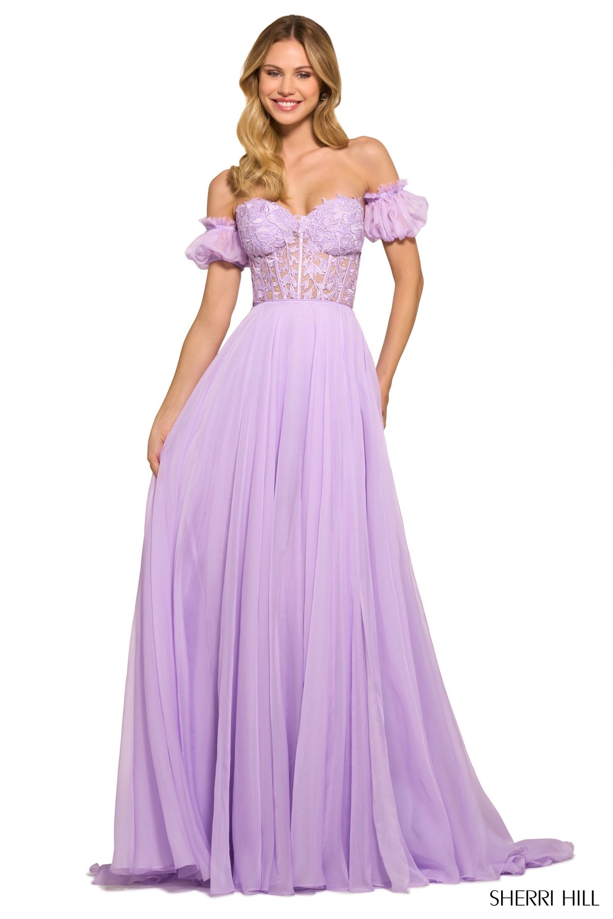 Sherri Hill 55482 chiffon gown in lilac