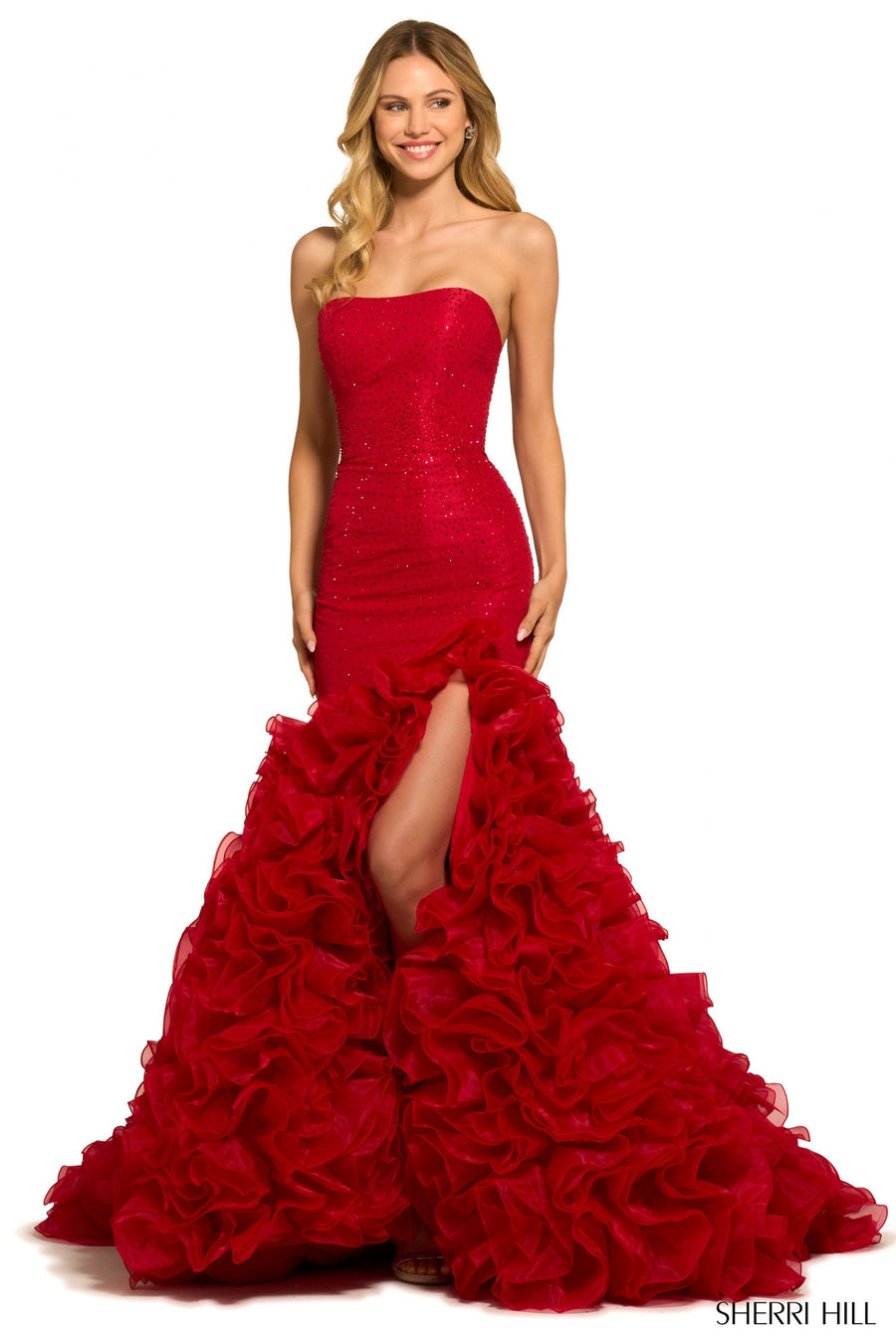 Sherri Hill style 55492 in red, Strapless Taffeta Mermaid Gown
