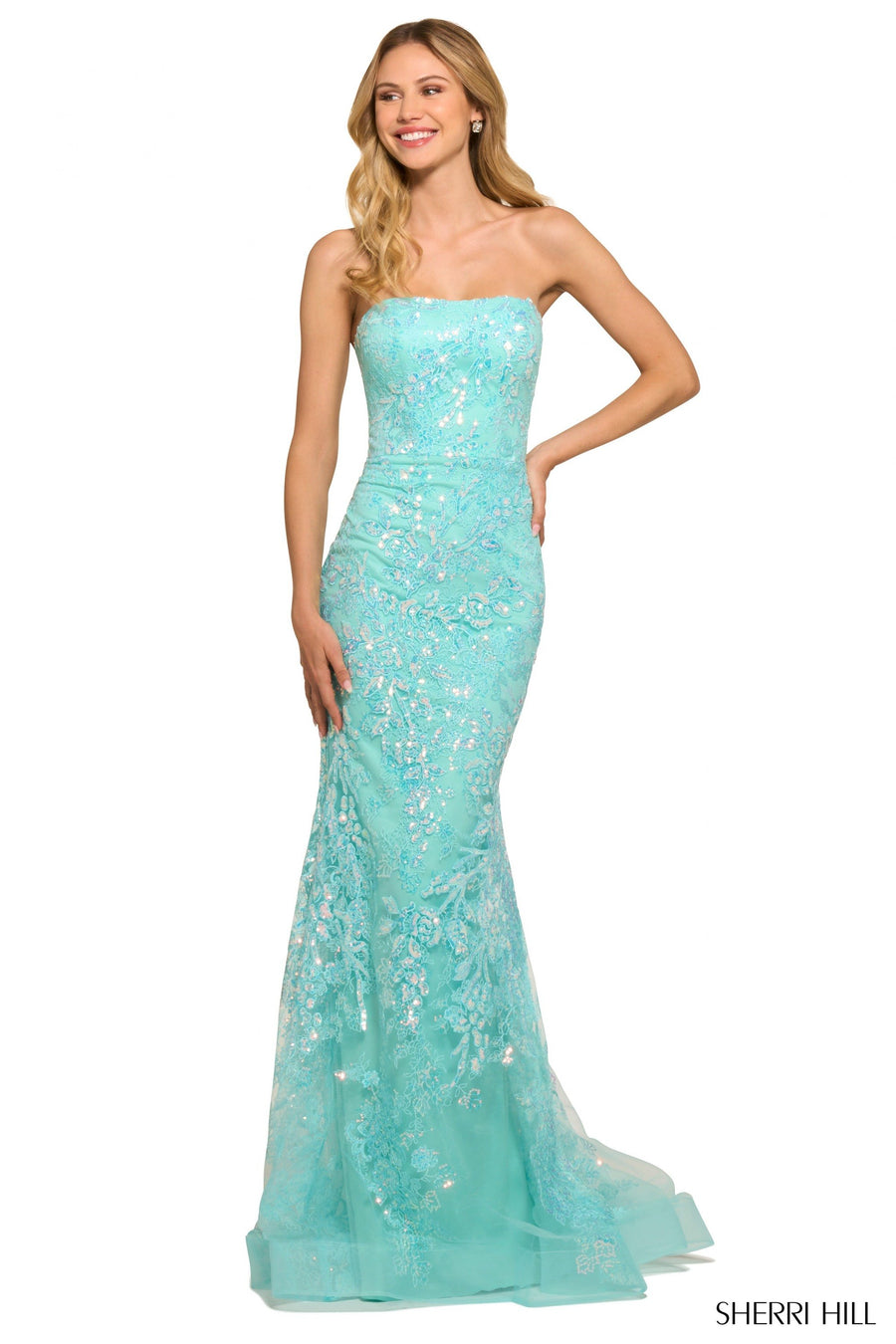 Sherri Hill style 55501 in aqua, Strapless Sequin Lace Fitted Gown