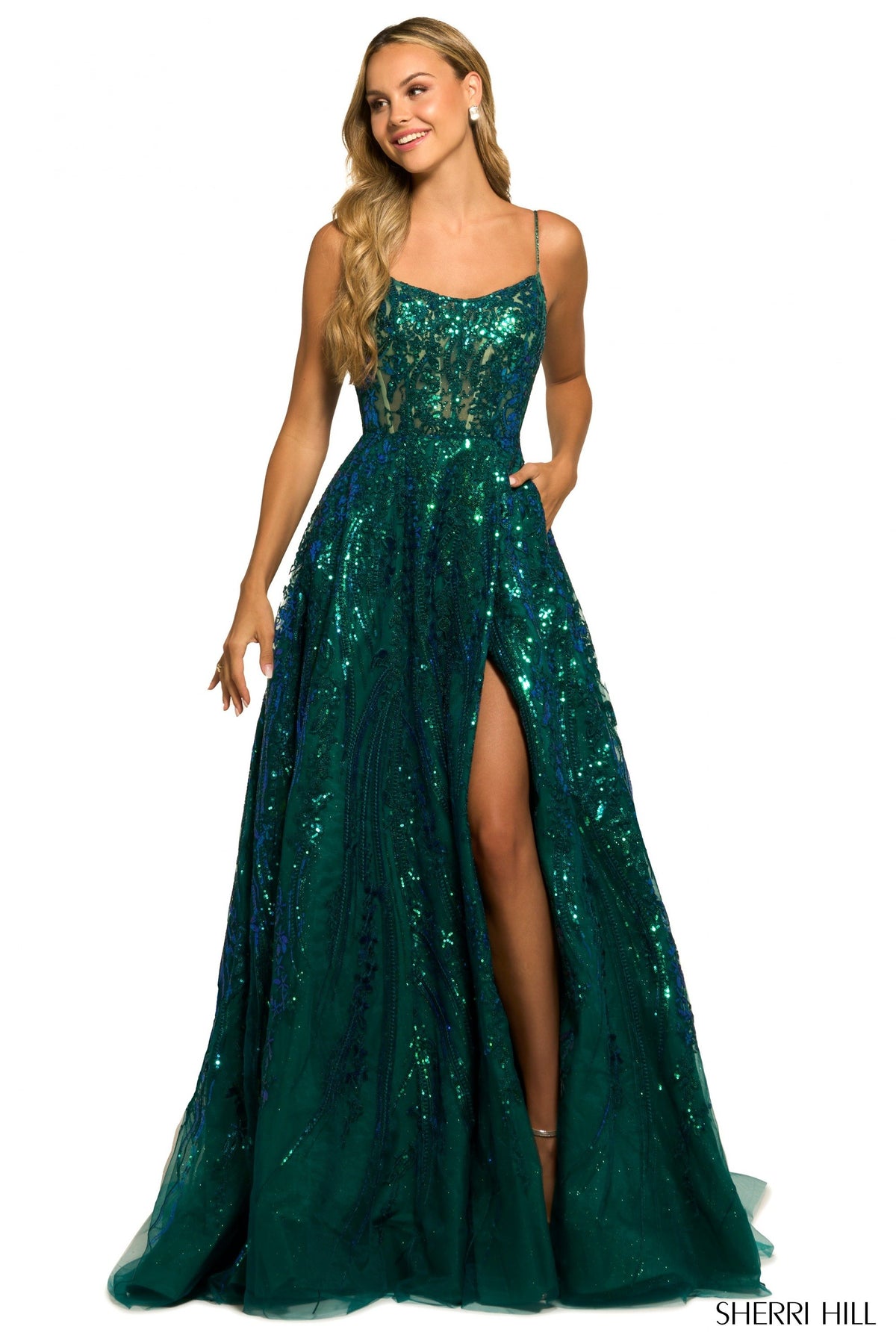Sherri Hill 55521 sequin lace ballgown in emerald