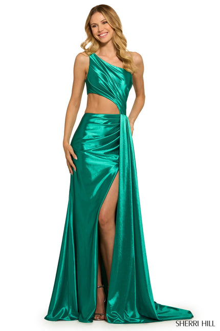 Sherri Hill 55537 silky stretched one shoulder jersey gown in emerald