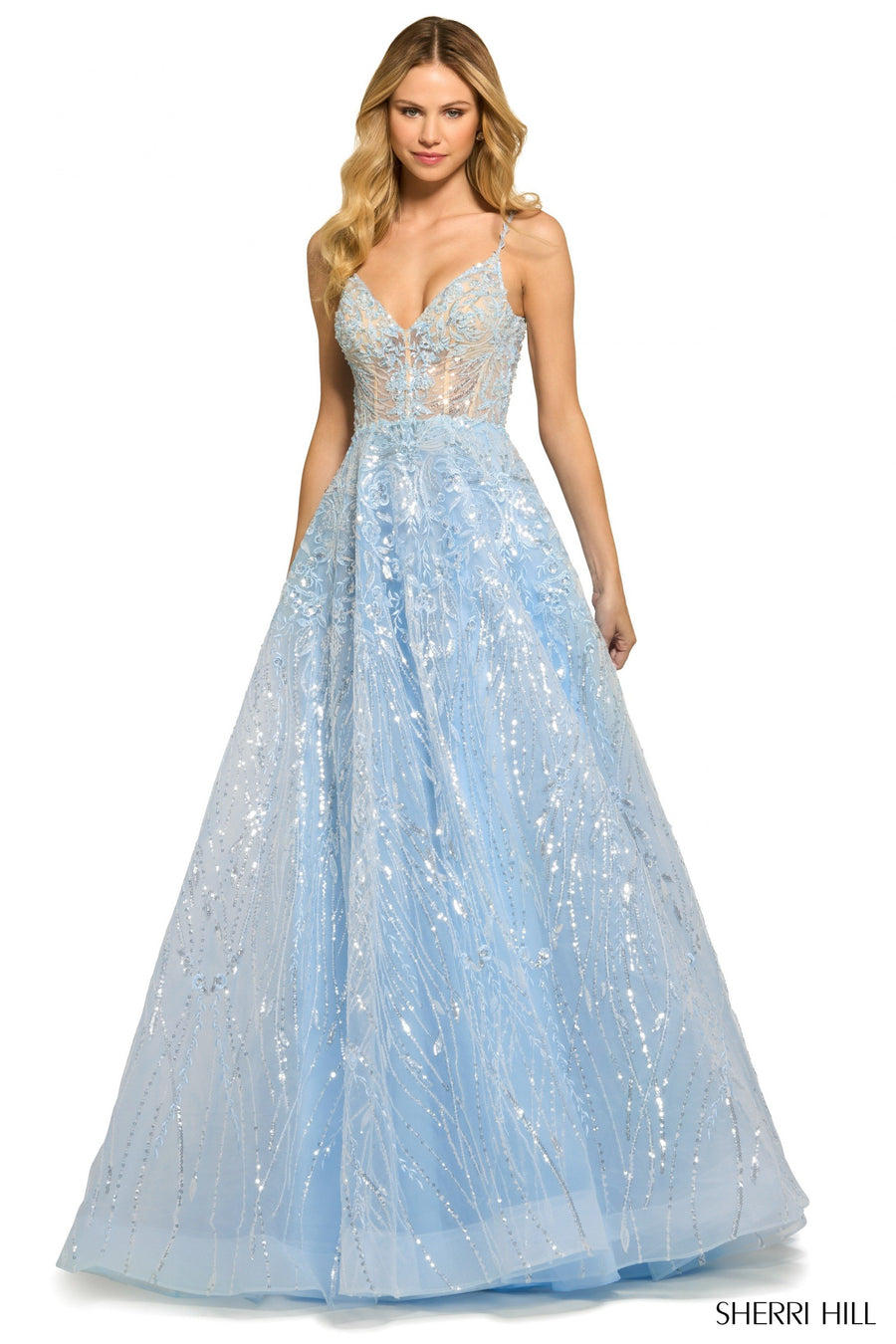 Sherri Hill style 55532 in light blue, Sequin Lace Ballgown