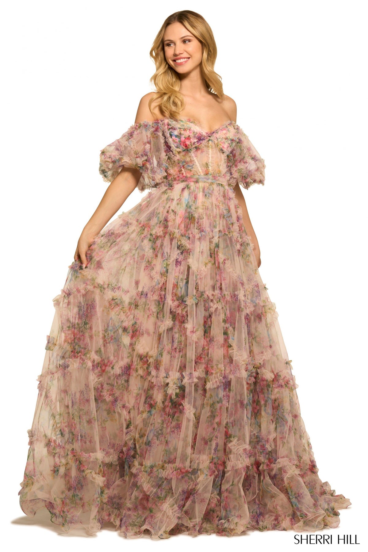 Sherri Hill 55541 tulle floral print gown