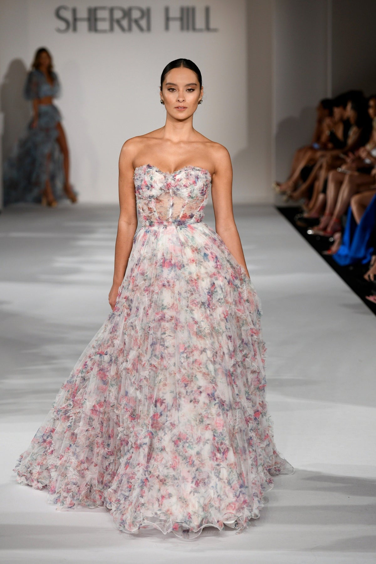 Sherri Hill 55623 strapless floral tulle print ball gown